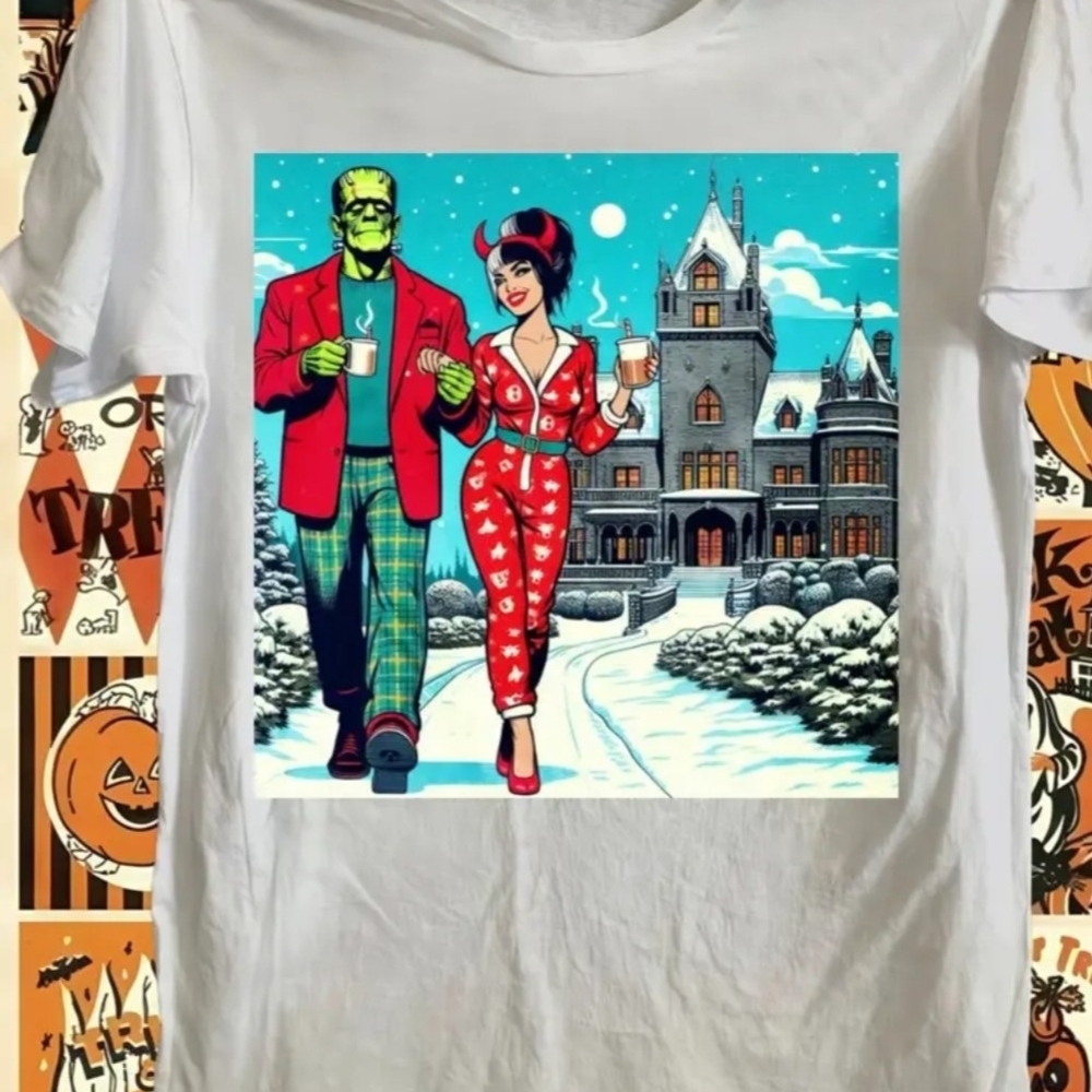 White Graphic Tee with Frankenstein and Devil Bride